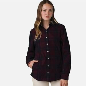 prAna Women’s Medium Flannel Shirt Shacket Red and Black Plaid Snap Button